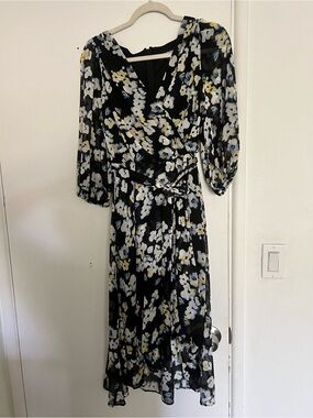 Dkny Black Floral Wrap Midi Dress with White & Yellow Print